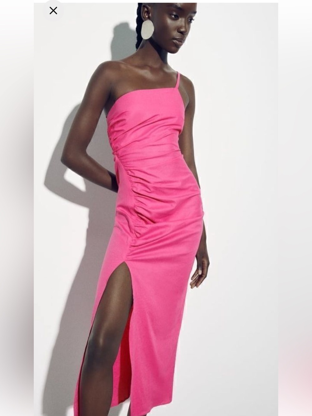 BNWT Zara Asymmetric /One-Shoulder Hot Pink Ruched Maxi linen Dress medium